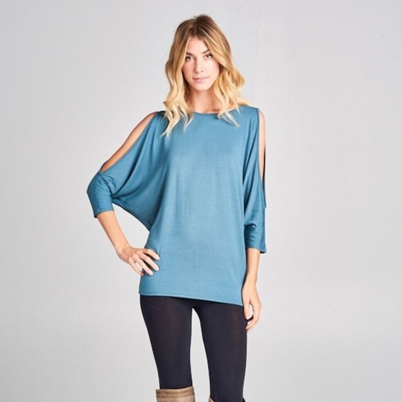 Color Me Pretty Cold Shoulder Tunic- Antique Blue - Picture 1 of 4